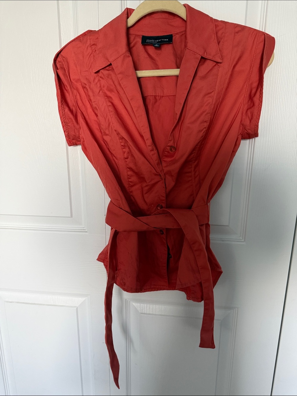 Jones New York Coral-Red Short Sleeve Button-Down with Self Tie